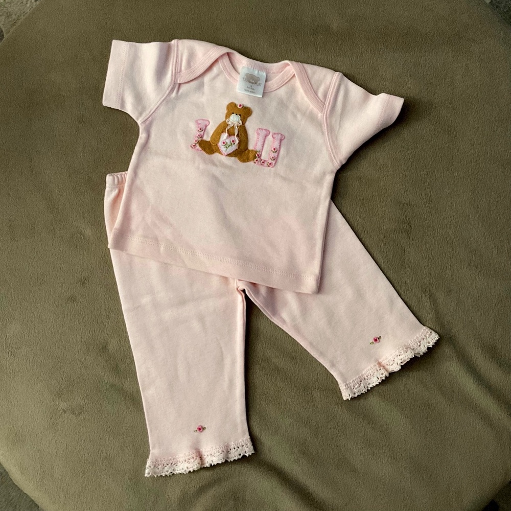 NWT PINK 3-6 month infant 2 pc Hand Embroidered Victoria Kids 100% Pima Cotton